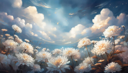 Wall Mural - chrysanthemum flowers field against the sky in painting style image, part 26