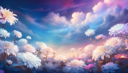 Wall Mural - chrysanthemum flowers field against the sky in painting style image, part 25
