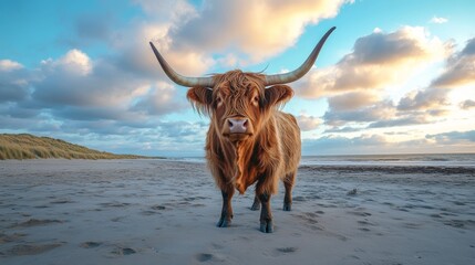 Wall Mural - Highland cow standing on a sandy beach with dramatic sky and clouds at sunset. Unique nature and wildlife concept