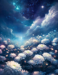 Wall Mural - Chrysanthemum  Flowers Field against the sky in painting style image, part 19