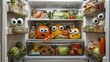 © Елена Григорова - Refrigerator filled with googly eyes transforming food into animated characters in a fun and playful kitchen setting. Generative AI
