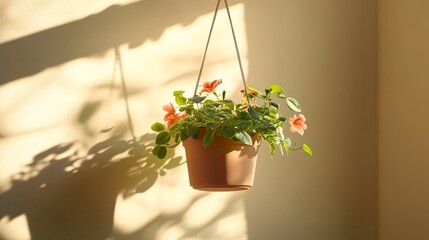 A clean photo of a single hanging flower pot styled in a sunny corner. background