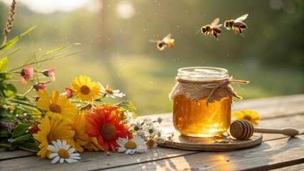 Poster - Honey Jar with Flowers and Bees