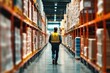 © Vesovic  - A focused warehouse worker is seen walking purposefully between shelves filled with stacked goods and materials.