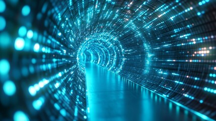 Aufkleber - Futuristic tunnel with glowing blue lights and metallic structure, technology and innovation concept