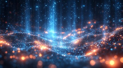 Aufkleber - abstract digital landscape with glowing blue and orange particles, dynamic and vibrant flow. futuris