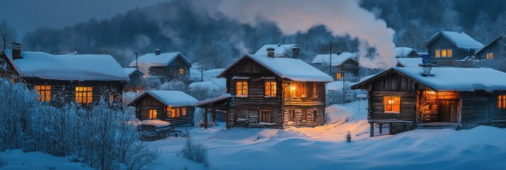 Aufkleber - Snow covered village at twilight with warm lights glowing from cozy wooden cabins. Generative AI