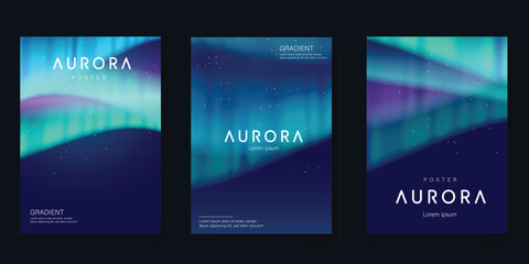 Wall Mural - Modern gradient poster aurora design vector set. Minimalist cover template with vibrant northern light collection. Ideal design for background, social media, cover, banner, flyer, ads.