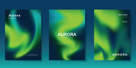 Wall Mural - Modern gradient poster aurora design vector set. Minimalist cover template with vibrant northern light collection. Ideal design for background, social media, cover, banner, flyer, ads.