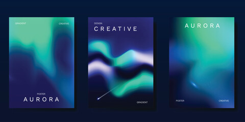 Wall Mural - Modern gradient poster aurora design vector set. Minimalist cover template with vibrant northern light collection. Ideal design for background, social media, cover, banner, flyer, ads.