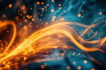 Fototapete - Swirling patterns of orange and blue light create a mesmerizing abstract display in a dark environment during the evening