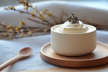 Aufkleber - Creamy yogurt served elegantly in a minimalist bowl with a decorative sprig on top, showcased on a wooden platter