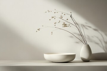 Fototapete - Minimalist arrangement of a white bowl and vase with delicate branches against a neutral backdrop in soft light