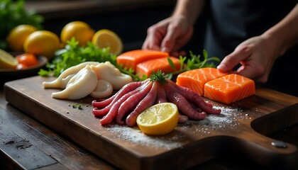 Canvas Print - Preparing fresh seafood ingredients on a wooden cutting board for cooking delicious dishes