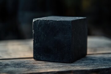 Aufkleber - Dark rectangular object resting on a wooden surface in soft natural light during the late afternoon