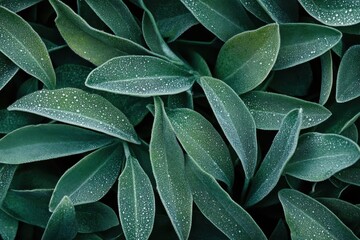 Poster - Lush green leaves covered in morning dew create a serene natural backdrop in a tranquil setting
