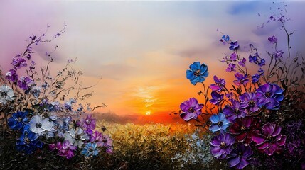 Aufkleber - Vibrant floral sunset landscape painting nature artwork serene environment aesthetic viewpoint impressionist style