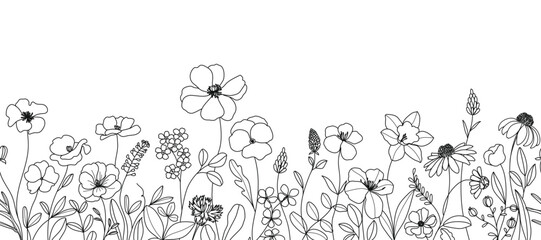 Wall Mural - spring and summer flower pattern seamless background vector. hand drawn botanical floral line art, d