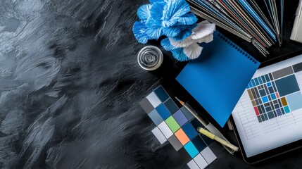 Aufkleber - Creative flat lay of color swatches and design elements in modern workspace diverse textures and styles
