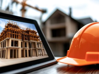 statutes plans orange hard hat concept. A construction helmet and tablet display a building site in the background, representing construction and project management.