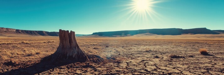 Aufkleber - Dry desert landscape with cracked earth and lone tree stump under bright sunlight and clear blue sky during midday. Generative AI