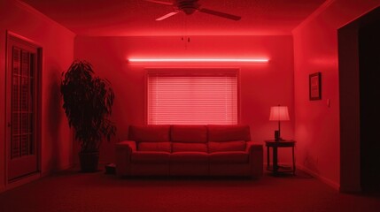 Poster - Red-lit living room with sofa, plant, and window at night