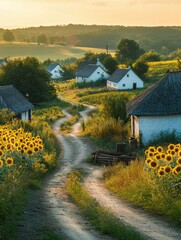 Poster - Sunflowers lining a winding path through a tranquil countryside village during golden hour. Generative AI
