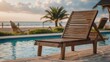 Wooden Lounge Chair by Poolside with Beach View Ideal for Outdoor Relaxation and Enjoying Scenic Coastal Ambiance at Sunset.