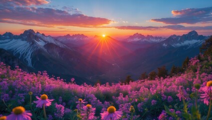 Wall Mural - majestic sunset over mountain range surrounded by vibrant wildflowers creating a serene spring lands