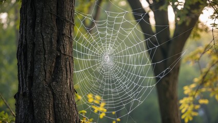 Wall Mural - intricate spider web glistening in sunlight against a tree trunk in a tranquil forest setting showca