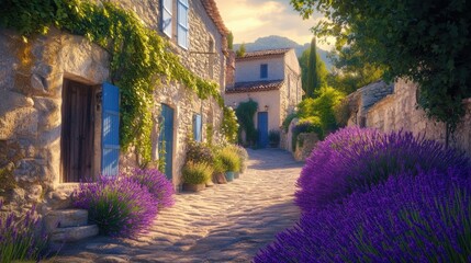 Poster - Charming lavender lined street in a peaceful village during golden hour with soft lighting and beautiful stone houses. Generative AI