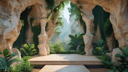 Wall Mural - lush natural archway surrounded by greenery and soft light in a serene environment