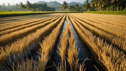 Wall Mural - golden rice fields reflecting harvest light with lush green backdrop and palm trees under a clear sk
