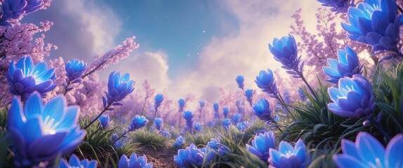 Wall Mural - vibrant cineraria flowers blooming in a serene spring landscape under a beautiful sky with pastel co