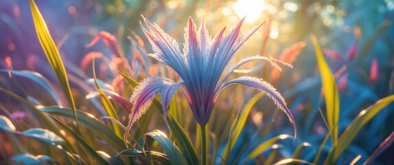 Wall Mural - vibrant grass flower illuminated by sunlight in a dreamy nature background showcasing soft colors an