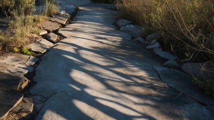 Wall Mural - nature's play of light and shadow on a pathway surrounded by vegetation and natural elements
