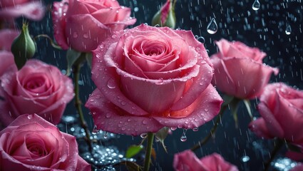 Wall Mural - beautiful pink roses adorned with raindrops on dark background creating a fresh and romantic floral 