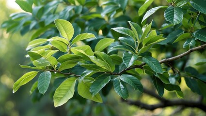Wall Mural - lush green leaves on a tree branch showcasing vibrant foliage in natural light during the growing se