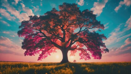 Wall Mural - majestic tree silhouette against a vibrant sunset sky with colorful clouds and lush grass in a seren