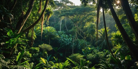 Wall Mural - lush tropical rainforest with dense vegetation and sunlight filtering through tall trees creating a 