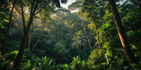 Wall Mural - lush green tropical rainforest with sunlight filtering through dense foliage creating a serene and v