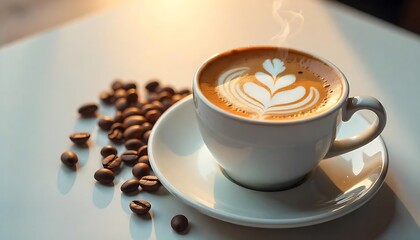 Canvas Print - Close-up of a Steaming Latte with Art and Scattered Coffee Beans on a Table