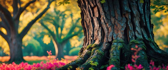 Wall Mural - majestic oak tree bark with vibrant foliage and colorful flowers in a serene natural setting during 