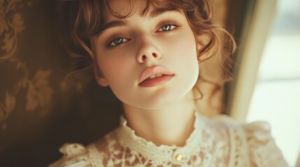 Wall Mural - Closeup Portrait of a Young Woman with Curly Hair in Soft Warm Lighting