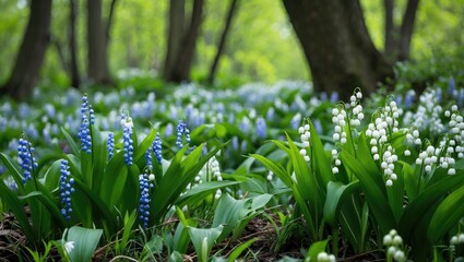 Wall Mural - lush blooming wild may lilies of the valley amidst vibrant greenery in a tranquil forest setting dur