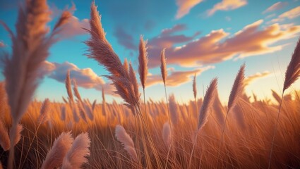 Wall Mural - Pampas grass silhouetted against a vibrant autumn sky at sunset creating a serene natural landscape scene.