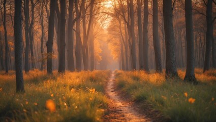 Wall Mural - serene forest pathway bathed in warm evening light surrounded by majestic trees and lush greenery