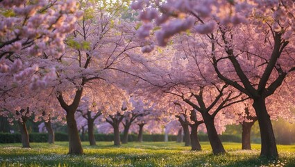 Wall Mural - majestic flowering trees in full bloom during summer with serene green grass and soft sunlight creat
