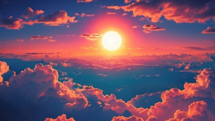 Wall Mural - vibrant sunset over colorful clouds with the sun glowing brightly in a serene sky setting an atmosph