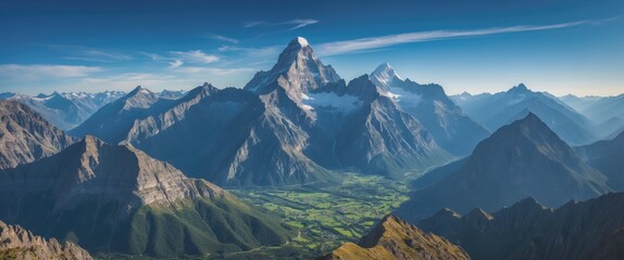 Wall Mural - majestic mountain range under clear blue sky with lush green valley in foreground scenic natural lan